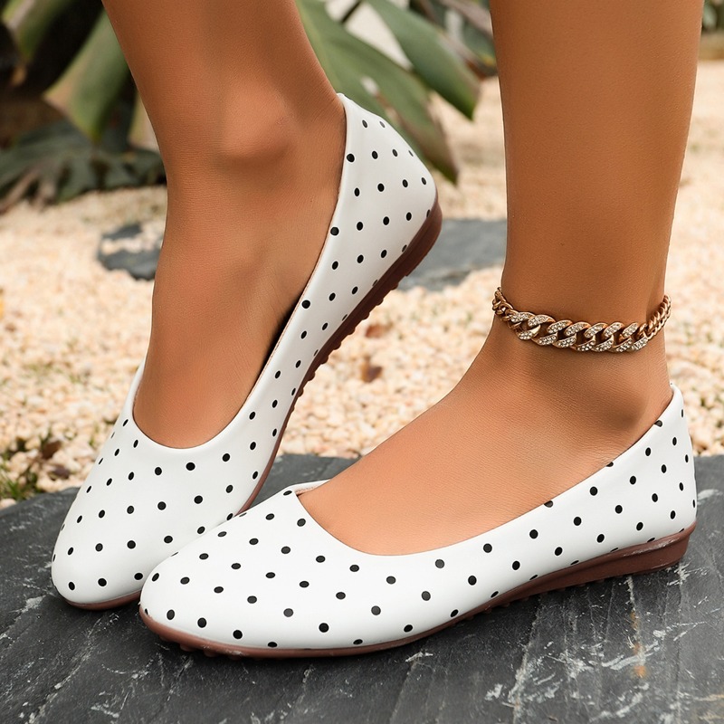 Women'S Fashion Loafers - Sepatu Flat Wanita Putih Polkadot, Ujung