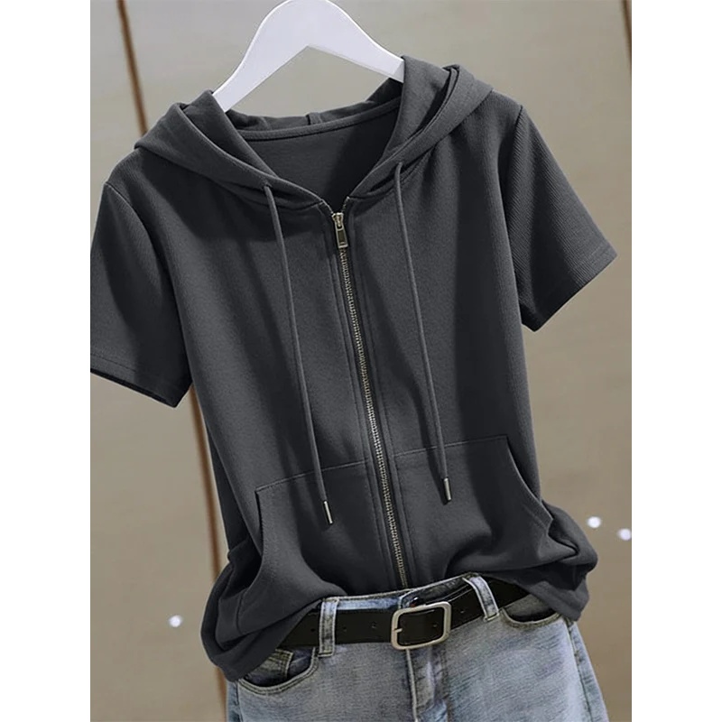 Women'S Fashion Zip Up Hoodies - Hoodie Wanita Musim Panas Berlengan Pendek