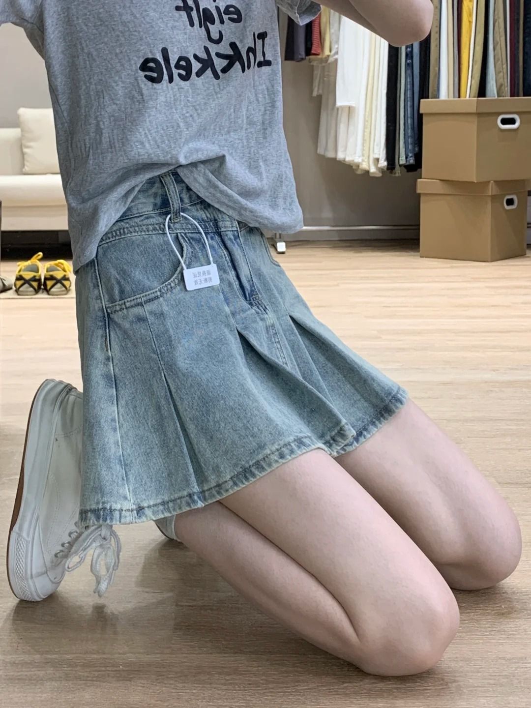 Women Fashion Jeans - Rok Denim Wanita Pinggang Tinggi Lipit