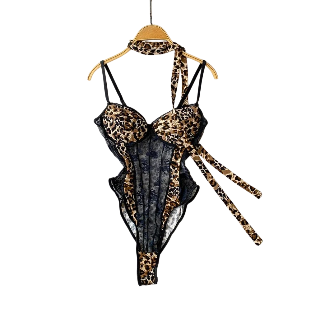 Women'S Fashion Underwear - Bodysuit wanita model V-neck motif leopard,