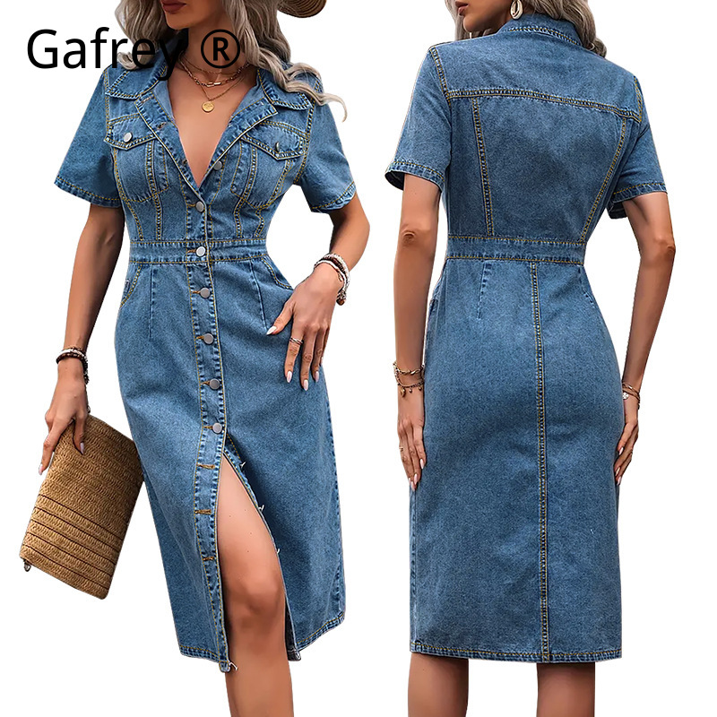 Women Fashion Jeans - Gaun Denim Kerah Wanita Ukuran Besar,