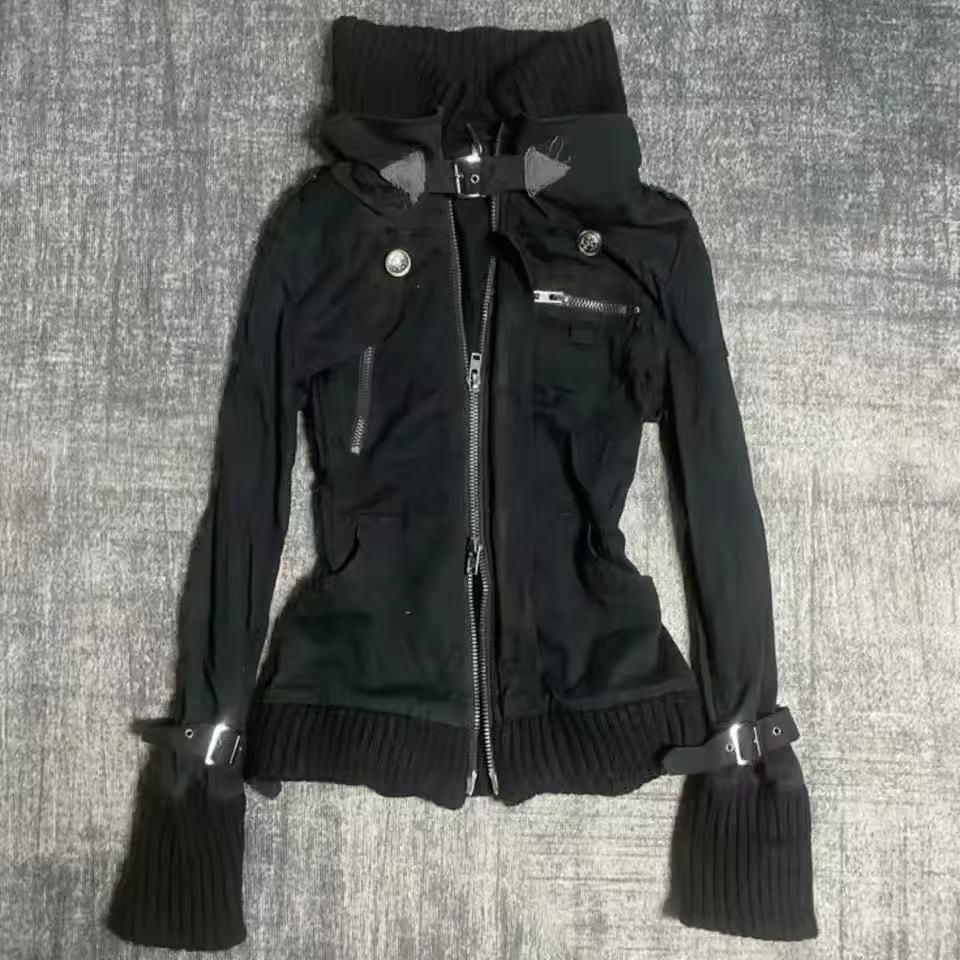 Women'S Fashion Zip Up Hoodies - Hoodie Y2K Gothic Hitam Slim dengan