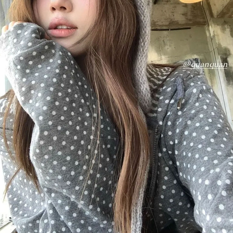Hoodie Kasual Motif Polkadot K - Women'S Fashion Zip Up Hoodies ulasan dan harga