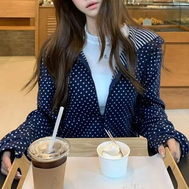 Hoodie Kasual Motif Polkadot K - Women'S Fashion Zip Up Hoodies ulasan dan harga